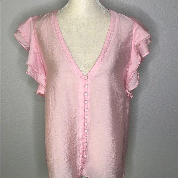 Rye Grass Pink Ruffle Sleeve Button-Down Tencel Top Large - Picture 1 of 10